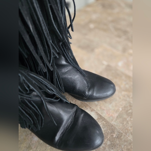 VINTAGE Fringe Black Leather Women's Boots Sz 8 - Picture 3 of 5